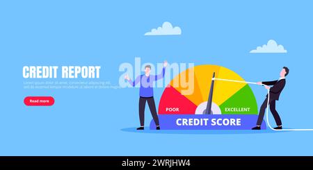 Man pushes credit score arrow gauge speedometer indicator with color levels. Measurement from poor to excellent rating for credit or mortgage loans co Stock Vector