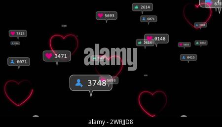 Image of neon hearts over social media reaction on black background