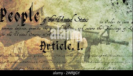 Image of text over male soldier holding machinegun Stock Photo