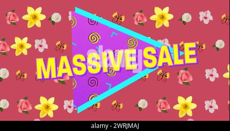 Image of massive sale text over triangle with abstract shapes and floral background Stock Photo