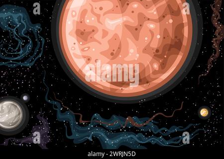 Vector Fantasy Space Chart, horizontal astronomical poster with illustration of trans-neptunian dwarf planet Sedna in deep space, decorative futuristi Stock Vector