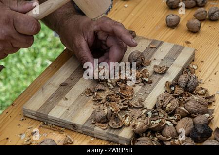 Man cracking walnuts with hammer at table, closeup Stock Photo