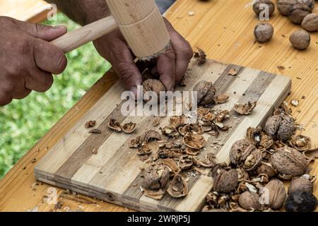 Man cracking walnuts with hammer at table, closeup Stock Photo