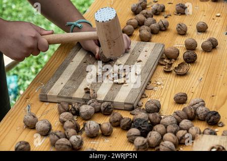 Man cracking walnuts with hammer at table, closeup Stock Photo