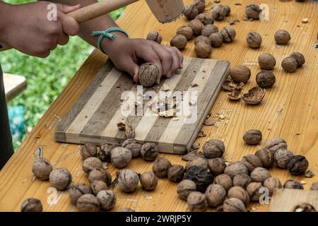 Man cracking walnuts with hammer at table, closeup Stock Photo