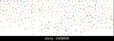 Border with colorful sprinkles. Glaze for donut, ice cream or muffins with rainbow, brown, yellow, blue and pink falling decorative candies. Vector Stock Vector