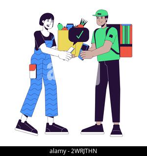 Korean woman paying through NFC for courier groceries 2D linear cartoon characters Stock Vector