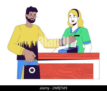 Pharmacy customer paying through nfc watch 2D linear cartoon characters Stock Vector