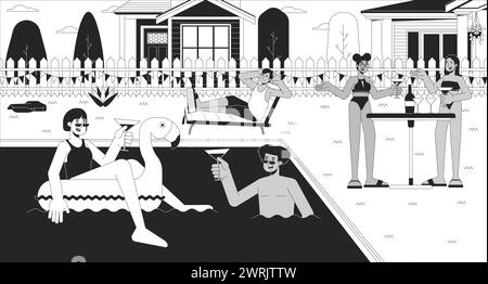 Pool party with friends black and white line illustration Stock Vector