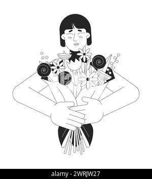Affectionate mother bouquet black and white 2D line cartoon character Stock Vector