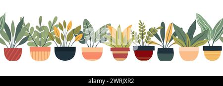 Vector seamless cozy border with house plants in various pots isolated from background. Horizontal frieze with flat illustration of plants for frames, Stock Vector