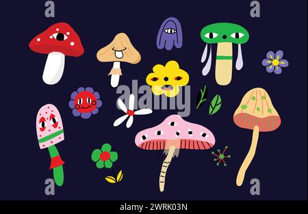 Acid y2k mushrooms set. 2000s style illustrations on dark background. Stock Vector