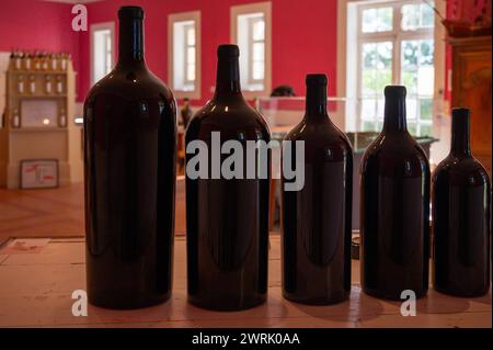 Different sizes of unlabled bottles of red Bordeaux wine in tasting room, wine domain in Haut Medoc, wine tour and degustations, France Stock Photo