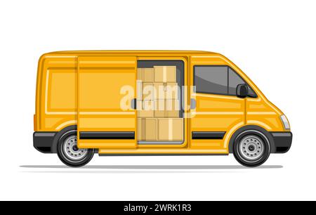 Vector illustration of Delivery Van, horizontal poster with profile side view large commercial van with opened sliding door and heap of cardboard boxe Stock Vector