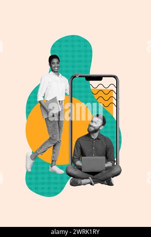 Vertical creative collage picture two young colleagues laptop device users smartphone screen programming remote work touchscreen virtual Stock Photo