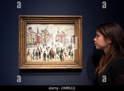 Christie's, London, UK. 13th Mar, 2024. The Modern British and Irish Art live auction takes place on 20 March. Highlights include: Laurence Stephen Lowry, R.A., People Standing About, 1935, estimate £600,000-800,000. Credit: Malcolm Park/Alamy Live News Stock Photo