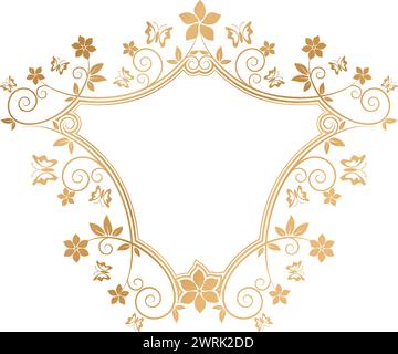 vector illustration shield frame golden flowers ornaments with place for your text, screen printing, paper craft printable designs, wedding invitation Stock Vector