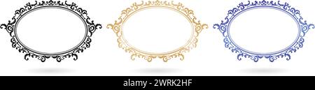 three set of vintage frames ellipse ornament Elegant elements isolated white backgrounds for screen printing, paper craft printable designs Stock Vector