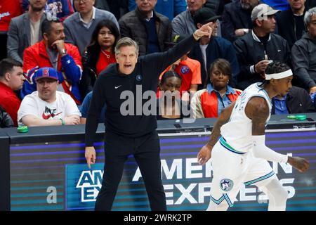 Los Angeles, United States. 12th Mar, 2024. Minnesota Timberwolves head coach Chris Finch (L) directs against the Los Angeles Clippers during an NBA basketball game at Crypto.com Arena. Timberwolves 118:100 Clippers Credit: SOPA Images Limited/Alamy Live News Stock Photo