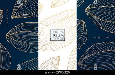 Vector set of luxury gold background, organic shapes, coffee, cacao beans pattern. Chocolate label, package. Stock Vector