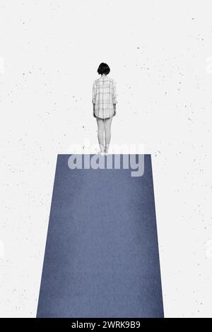 Vertical collage picture standing lonely young girl backwards high top reach dream target success inspiration white background Stock Photo