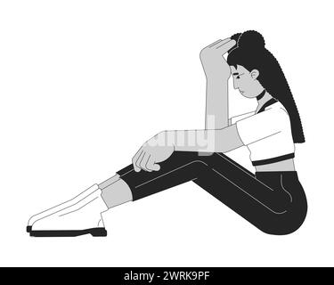 Depressed woman sitting black and white cartoon flat illustration Stock Vector