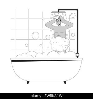 Indian man showering in bathtub black and white 2D line cartoon character Stock Vector