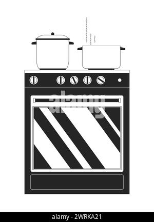 Kitchen stove pots boiling black and white 2D line cartoon object Stock Vector