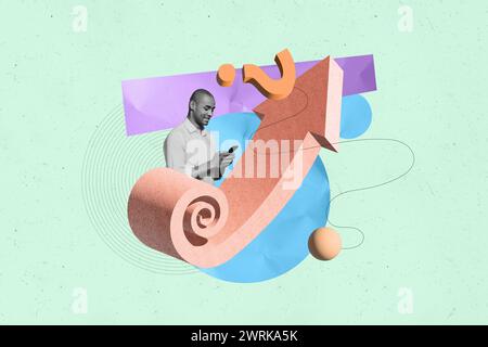 Photo collage business concept of young man research information question mark symbol search answers isolated on green color background Stock Photo