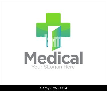 medical service with cross and open the door figure logo for health service Stock Vector