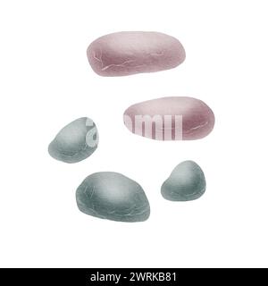 Watercolor illustration of decorative colored matte pebbles. For indoor plants, interior compositions, for postcards, pet stores, aquariums Stock Photo