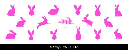 Set of Rabbit pink silhouettes. Easter bunnies. Isolated on a white backdrop. A simple black icons of hares. Cute animals. Suitable for logo, emblem, Stock Vector