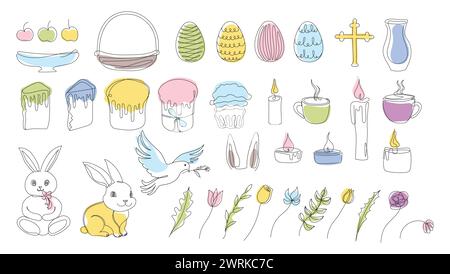 Easter Set in continuous one line style with design elements like bunny, eggs, dove, candles, cross, Easter cakes, mugs, flowers. Colorful vector on w Stock Vector