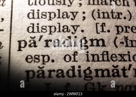 Word paradigm on dictionary page, macro close-up Stock Photo