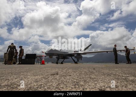 A U.S. Marine Corps MQ-9A MUX/MALE assigned to Marine Unmanned Aerial Vehicle Squadron 3, Marine Aircraft Group 24, 1st Marine Aircraft Wing Stock Photo