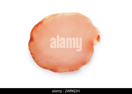 Studio shot of sliced lomo, air dried Spanish pork loin with paprika and garlic cut out against a white background - John Gollop Stock Photo