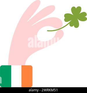 Saint Patrick's day. Shamrock with four petals in hand, colors of Irish flag on shirt sleeve. Isolated element Stock Vector