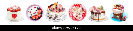 Set of isolated homemade desserts and cakes with fresh berries. Toast, pavlova, chocolate ice cream, cupcakes and cakes on colorful plates. Ideas for Stock Photo