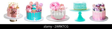 Set of tender pink and green cakes isolated on white background. Cakes with teddy bear, edible flowers, marshmallow, fondant ruffles Stock Photo