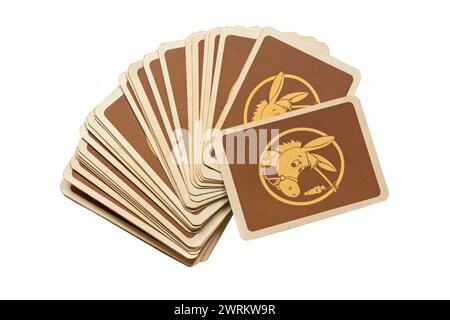 pack of old retro Donkey playing cards showing reverse side isolated on white background - UK Stock Photo