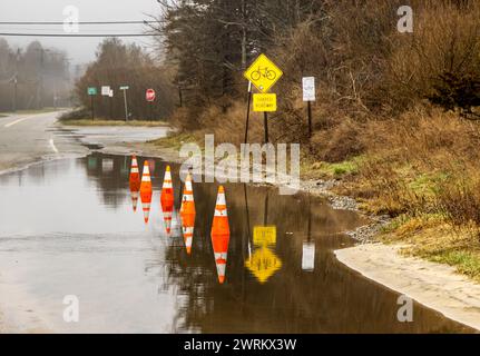 line of orange traffic cones in a water puddle Stock Photo