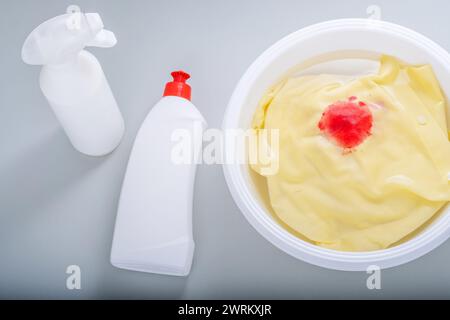 Pre-treater blood stain spotter. daily life stain concept. top view. Stock Photo