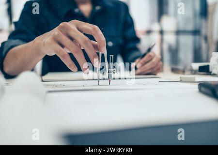 Architect using divider compass working on blueprint and make a note on book. Construction concept. Engineering tools Stock Photo
