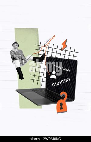 Vertical creative collage poster computer cybersecurity retire man fishing catch user password data encryption protection lock Stock Photo