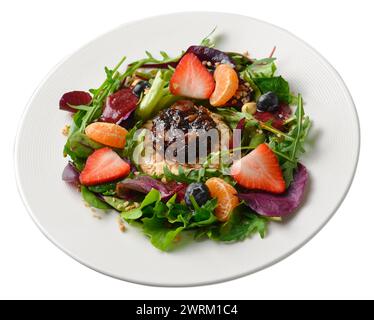 Baked Camembert Salad with Arugula, Strawberry and Berry Dressing, Gourmet Appetizer on White Isolated Background Stock Photo