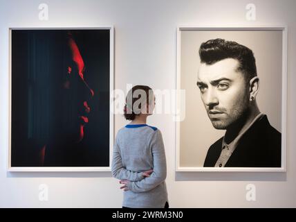 Cromwell Place London, UK. 13th Mar, 2024. An exhibition of photographs by British photographer Rankin: Sound Off, Musicians 1990-2023 by Tin Man Art. Image (l to r): Dua Lipa: Profile, 2016: Sam Smith: Spectre, 2015. Credit: Malcolm Park/Alamy Live News Stock Photo