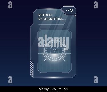 HUD retinal recognition biometric ID scan dashboard concept. User eye verification scanner. Person identity security digital panel. Human retina identification. Authorization interface eps design Stock Vector