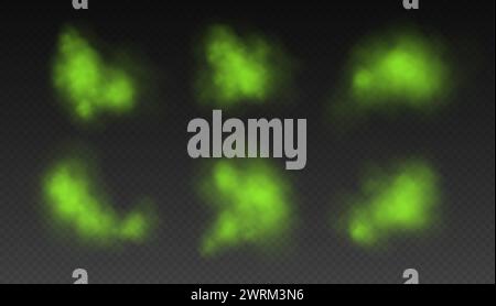 Green smoke, toxic cloud, realistic chemical gas, bad odour concept isolated on dark background. Stock Vector