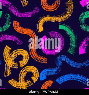 Wavy and swirled colored brush strokes vector seamless pattern. bright paint freehand scribbles, abstract ink crayon chalk background. Brushstrokes, s Stock Vector