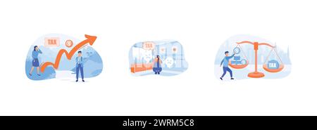 Tax Burden Payment Obligation, Businessman scared with tax debt burden, Businessman use coins balancing with TAX on scales. Tax burden set flat vector Stock Vector